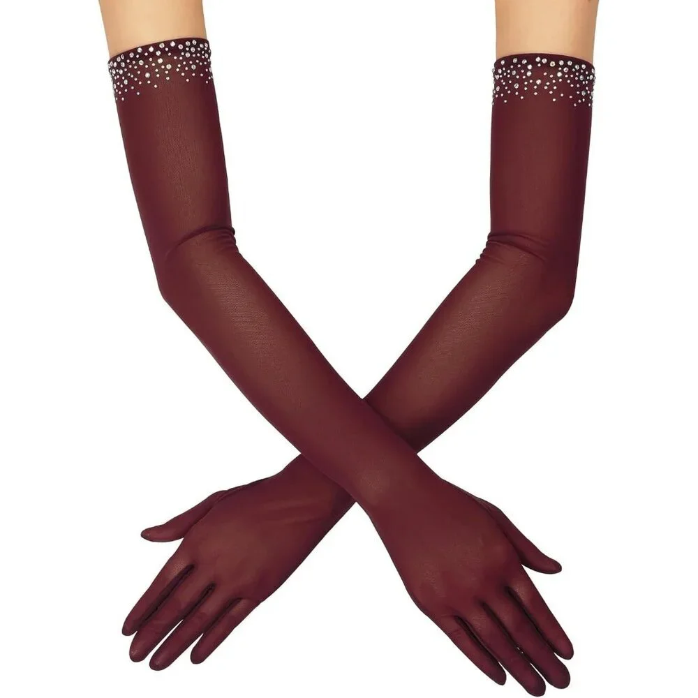 Women's Sexy Pearl Beaded Burgundy Long Gloves Tulle Mesh Wedding Party Prom